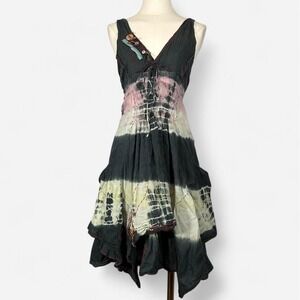 Channa Womens Tie Dye Fairy Boho Pleated Summer Dress Abstract Patchwork Size M